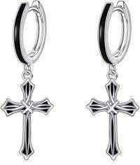 wholesale 925 Sterling Silver Black Enamel Gothic Cross Huggie Hoop Earrings for Men & Women-Black Cross