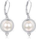 wholesale 925 Sterling Silver Round Pearl Leverback Drop Earrings 28mm Diameter with Cubic Zirconia and Rope Edge Design-0-0