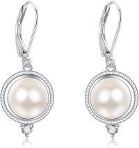 wholesale 925 Sterling Silver Round Pearl Leverback Drop Earrings 28mm Diameter with Cubic Zirconia and Rope Edge Design-pearl cz earrings