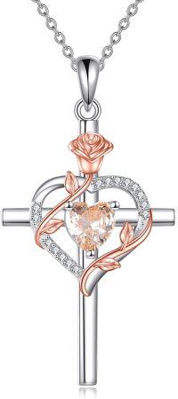 wholesale Sterling Silver Birthstones Rose Cross Heart Crucifix Pendant Necklace for Women-11-Nov-Topaz