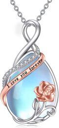wholesale 925 Sterling Silver Teardrop Moonstone with Rose Flower and I Love You Forever Engraved Pendant Necklace for Women-0-0