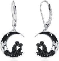 wholesale 925 Sterling Silver Crescent Moon Black Rose Skeletons Leverback Drop Earrings-Skeleton couple