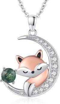 wholesale 925 Sterling Silver Moon & Fox Pendant Necklace - Green Stone Charm  for Her-C01 - Fox (Moss Agate)