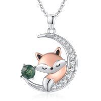 wholesale 925 Sterling Silver Moon & Fox Pendant Necklace - Green Stone Charm  for Her-C01 - Fox (Moss Agate)