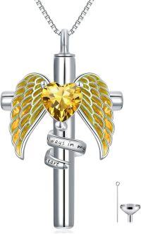 wholesale Sterling Silver Birthstone Angel Wing Cross Rose Heart Cremation Urn Necklace for Women with Funnel Kit ( chars)-Cross Personalized 11-Nov-Citrine-Cross Non-personalized 11-Nov-Citrine