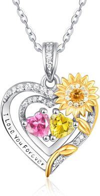 wholesale 925 Sterling Silver 2 Birthstones Sunflower Heart Necklace for Women-10-11-Oct-Nov