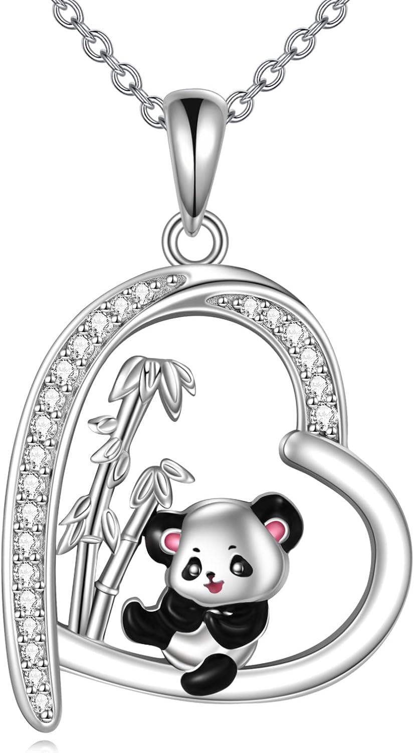 Sterling Silver Heart Necklace with Fox Axolotl Koala Giraffe Cow Guinea Pig Fairy Thistle Daisy Cat Duck Lion Pendant-F-Panda