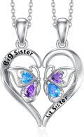 wholesale 925 Sterling Silver Big & Little Sisters Heart Butterfly Necklaces with Birthstones and Engraved Message for Mother Daughter Matching  Sets-0-0