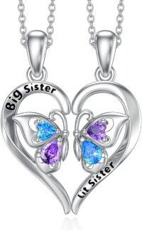 wholesale 925 Sterling Silver Big & Little Sisters Heart Butterfly Necklaces with Birthstones and Engraved Message for Mother Daughter Matching  Sets-Sister