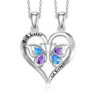 wholesale 925 Sterling Silver Big Little Sister Butterfly Heart Pendant Necklaces With Cubic Zirconia-Sister