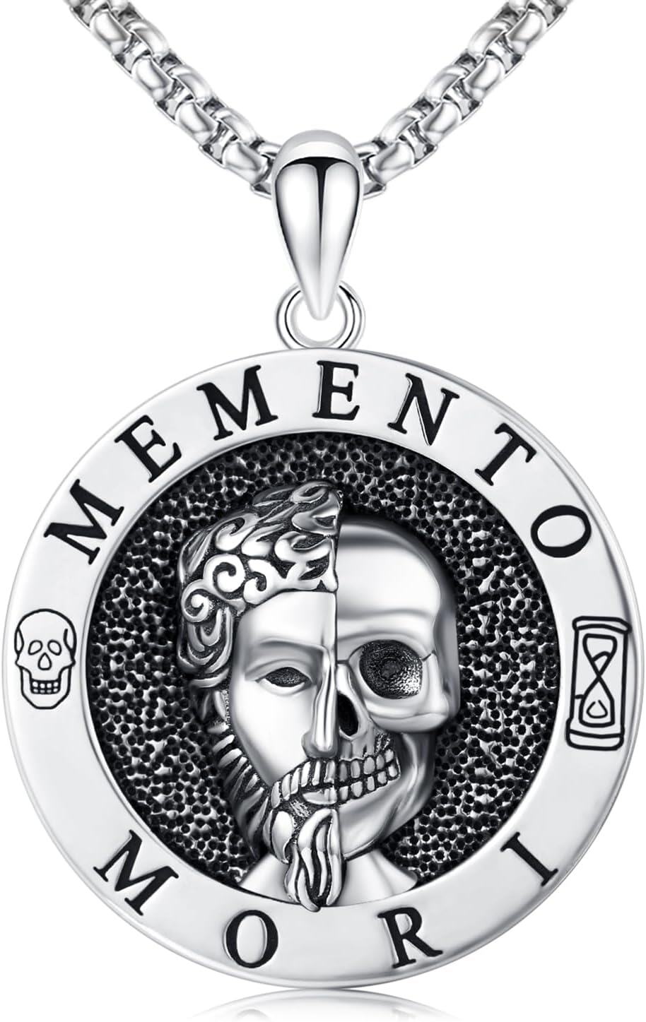 Sterling Silver Stone Marcus Aurelius Skull Memento Mori Necklace-0-1