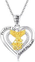 wholesale 925 Sterling Silver Heart-Shaped Saint Michael Guardian Angel Pendant Necklace with Cubic Zirconia and Cross Charm for Women Girls  47cm Chain Length-0-0