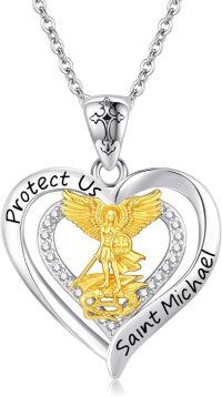 wholesale 925 Sterling Silver Heart-Shaped Saint Michael Guardian Angel Pendant Necklace with Cubic Zirconia and Cross Charm for Women Girls  47cm Chain Length-Religious