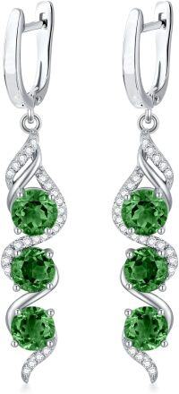 wholesale Sterling Silver 5mm Round Cut Genuine Created Gemstone Leverback 3 Birthstone Dangle Earrings-Emerald