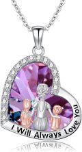 wholesale 925 Sterling Silver Heart-Shaped Pendant with Purple Crystal and Mommy & Baby Figures - I Will Always Love You Necklace-0-0