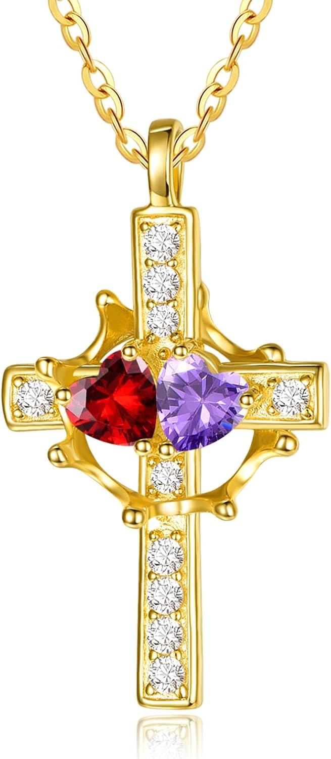 Sterling Silver Birthstones Gold Cross Necklace for Women -01-02-Jan-Feb-01-02-Jan-Feb