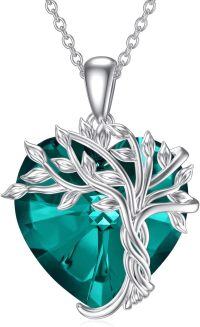 wholesale 925 Sterling Silver 14K White Gold Plated Heart Emerald Green Crystal Tree of Life Necklace-05-Emerald Crystal