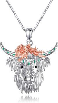 wholesale 925 Sterling Silver Highland Cow Pendant Necklaces with Rose Gold Flower and Green Stones s for Women Girls-Highland Cow 1