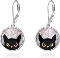wholesale 925 Sterling Silver Black Cat Face with White Stone Leverback Earring Gift for Her-Black Cat