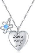 wholesale 925 Sterling Silver Heart Pendant Necklace I am a child of god Blue Crystal Flower Charm Christian s for Women Girls-0-0