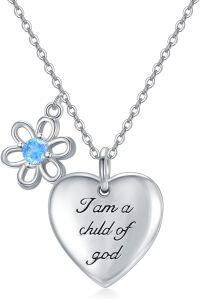 wholesale 925 Sterling Silver Heart Pendant Necklace I am a child of god Blue Crystal Flower Charm Christian s for Women Girls-5