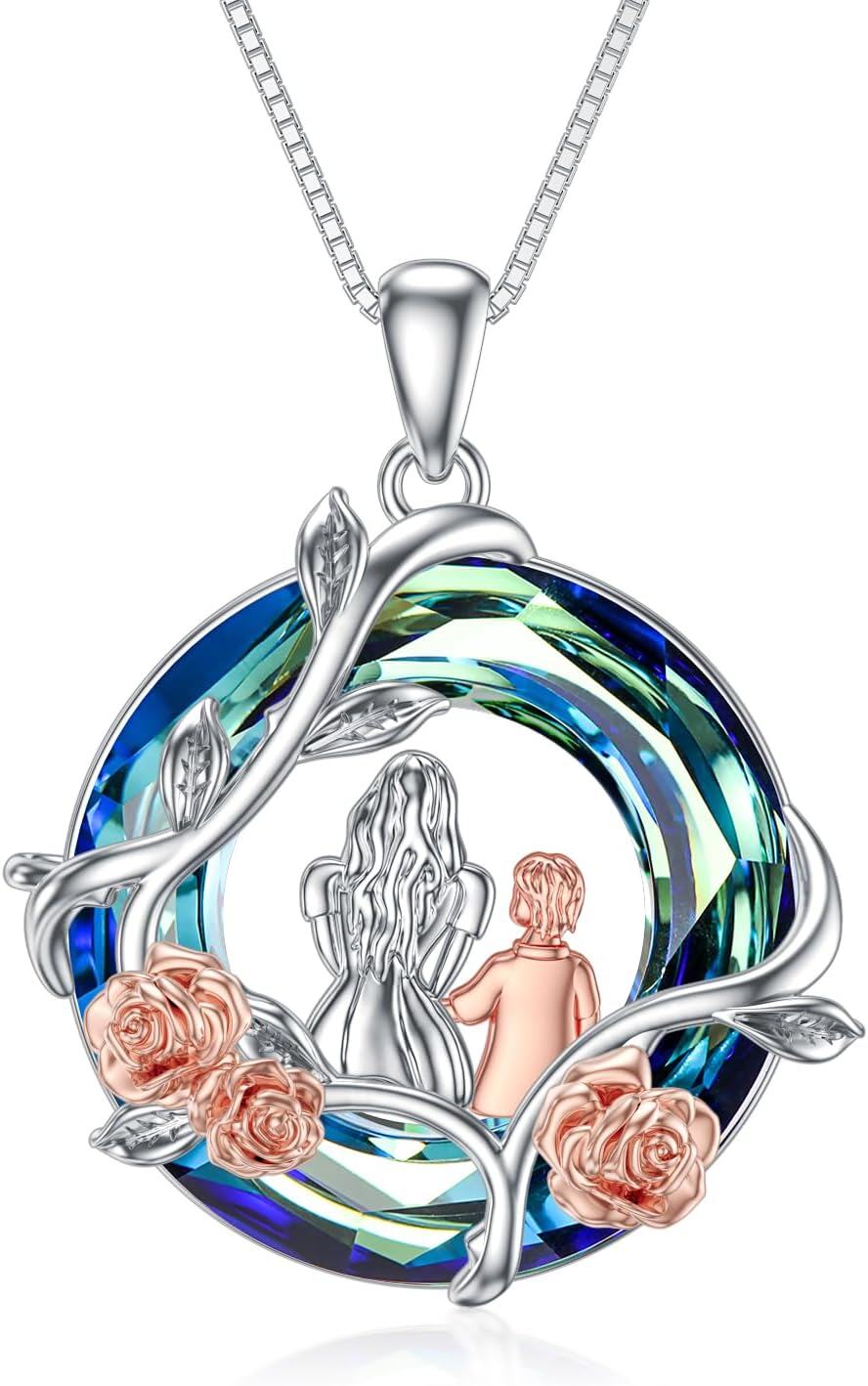 Sterling Silver Blue Crystal Mother and Children Rose Flower Necklace Gift for Mom-A-Mother Son