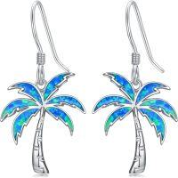 wholesale 925 Sterling Silver Palm Tree Blue Fire Opal Dangle Earrings for Women Beach -Palm Tree