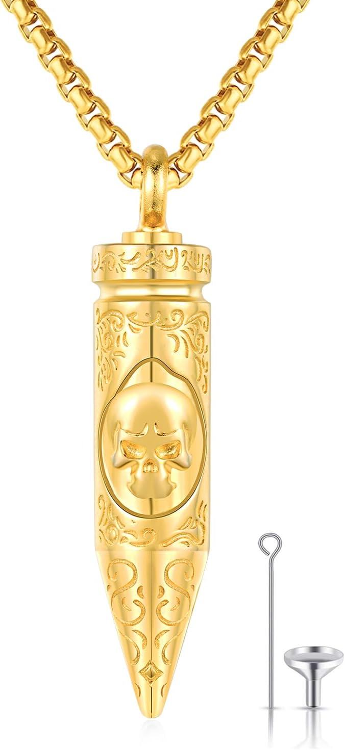 Sterling Silver Bullet Hourglass Cylinder Urn Cremation Keepsake Pendant-01-Bullet Skull Urn（gold）