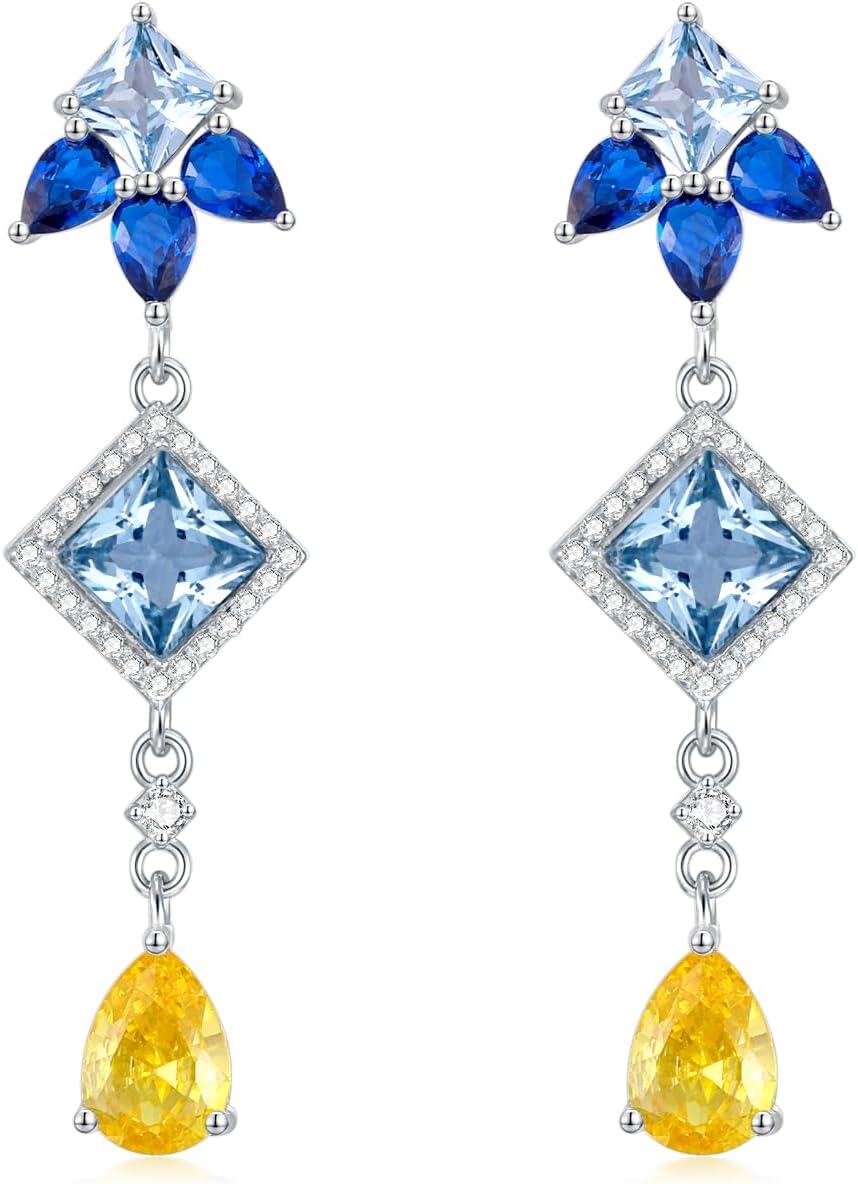 Sterling Silver Colorful Stone Chandelier Teardrop Dangle Earrings-Geometry-Ice Blue