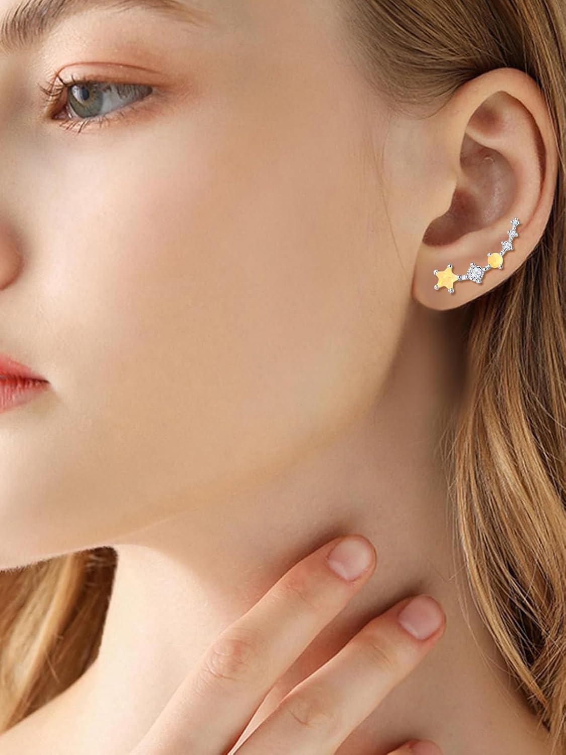 925 Sterling Silver Yellow Opal & CZ Star Ear Climber Earrings for Women - Bridal  Ideas-0-2