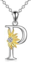 wholesale 925 Sterling Silver Gold & Sterling Silver Sunflower Initial Necklace with CZ Charm, Personalized Gift for Women-0-0