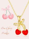wholesale 925 Sterling Silver Gold Plated Cherry Red Enamel Bow Fruit Charm Pendant Necklace for Women Gifts-0-5