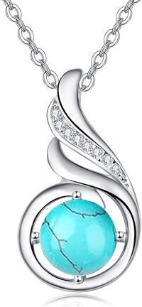 wholesale 925 Sterling Silver & White Gold Plated Turquoise Stone Pendant Necklace with Cubic Zirconia Swirl Design-12-Dec-Turquoise