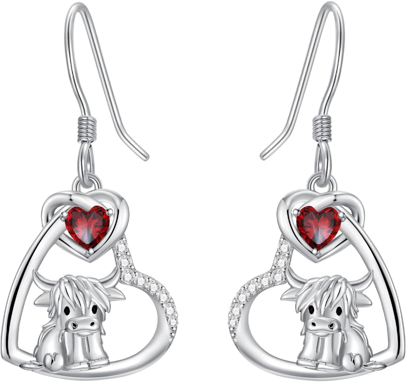 Sterling Silver Birthstone Highland Cow Dangle Earrings Scotland Western Gift-01-Jan-Garnet