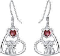 wholesale 925 Sterling Silver Birthstone Highland Cow Dangle Earrings Scotland Western Gift-01-Jan-Garnet