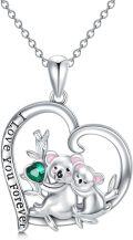wholesale 925 Sterling Silver Koala Family Green Crystal Heart Pendant Necklace Gifts for Women Girls Sis-0-0
