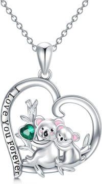 wholesale 925 Sterling Silver Koala Family Green Crystal Heart Pendant Necklace Gifts for Women Girls Sis-Koala Necklace