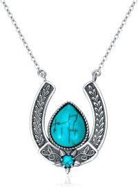 wholesale Sterling Silver Natural Turquoise Vintage Horseshoe Pendant Necklace 18+2 Chain Women s Birthday Gift-Horseshoe-A