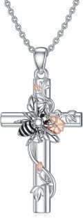 wholesale 925 Sterling Silver Cross with Honeybee and Flower Charm Pendant Necklace for Women Girls  45cm Chain Length-0-0