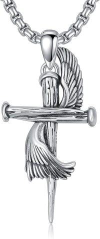 wholesale 925 Sterling Silver Angel Wing Baseball Bat Nail Cross Pendant Necklaces for Men Women s (Silver)-D