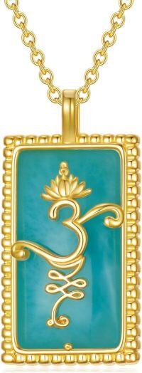 wholesale Turquoise 925 Sterling Silver Rectangle Pendant with Gold Plated Lotus OM Symbol Spiritual Amulet Necklace for Women and Men-Om Larimar