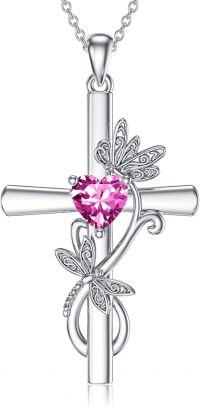 wholesale Sterling Silver Birthstone Dragonfly Cross Pendant Necklace for Women-10-October