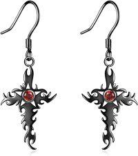 wholesale 925 Sterling Silver Gothic Cross Drop Earrings with Red Stone for Halloween-06-cross