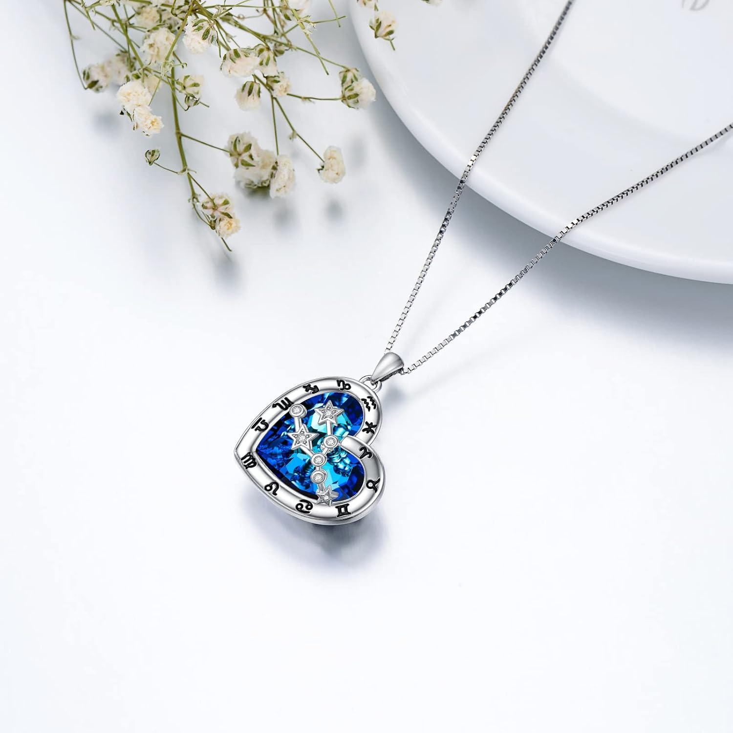 wholesale 925 Sterling Silver Blue Crystal Heart Zodiac Constellation Pendant Necklace-0-4
