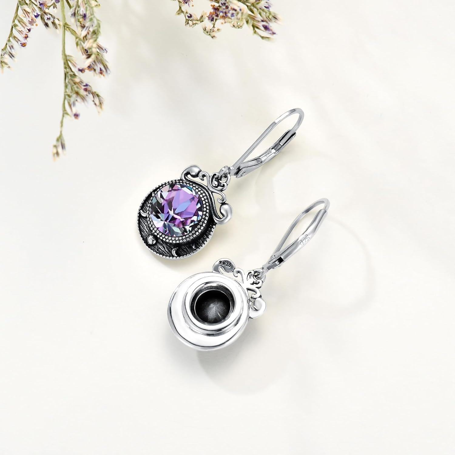 925 Sterling Silver Purple Crystal Drop Dangle Leverback Earrings 3cm Long-0-3