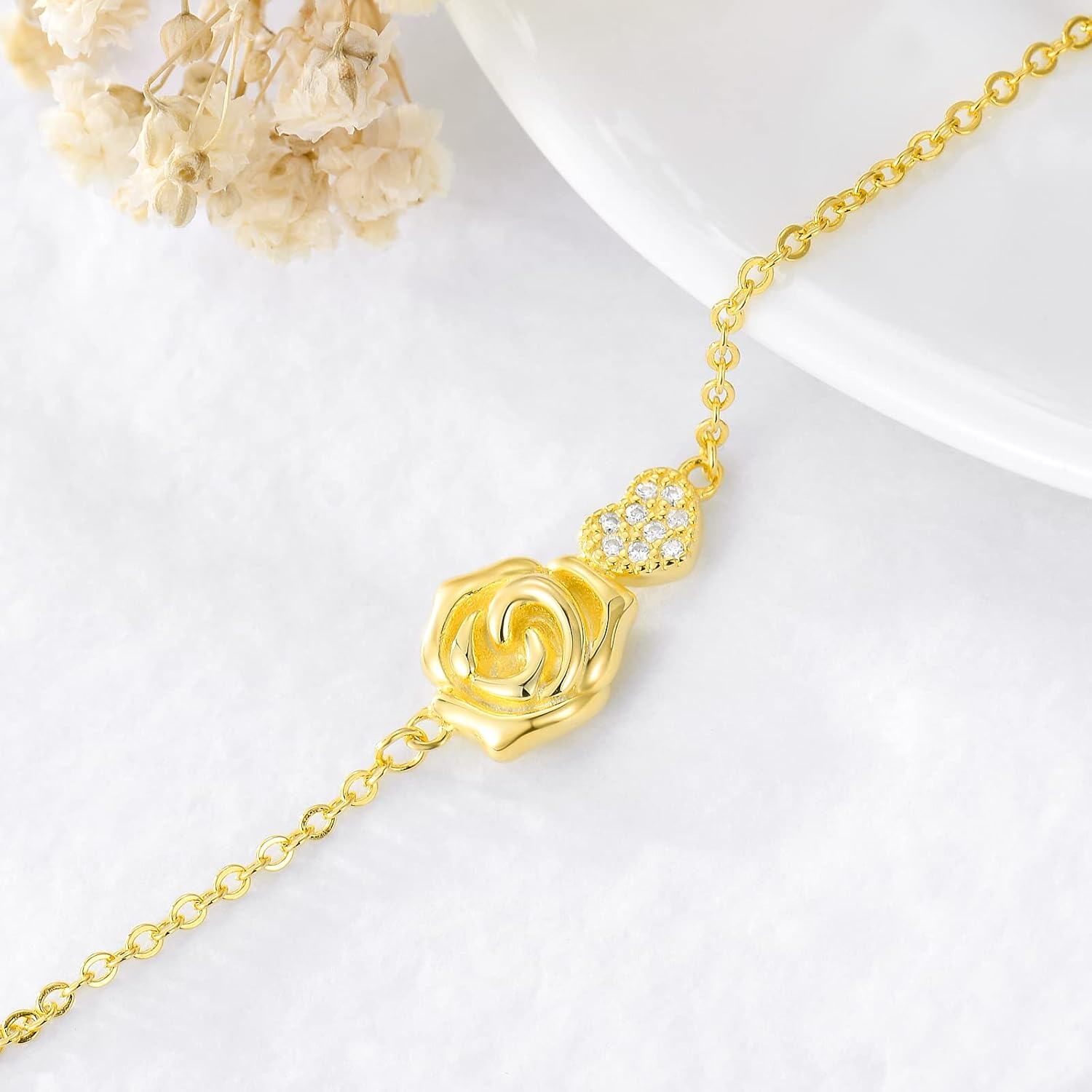 Gold Rose Heart 925 Sterling Silver Diamond Bracelet for Women 0-10 CTW-0-2