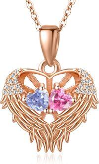 wholesale Sterling Silver 2 Birthstones Angel Wings Necklace for Women-06-10-Jun-Oct