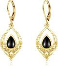 wholesale 925 Sterling Silver Teardrop Filigree Leverback Drop Earrings with Black Onyx and Gold Plating-0-0