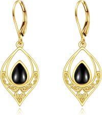 wholesale 925 Sterling Silver Teardrop Filigree Leverback Drop Earrings with Black Onyx and Gold Plating-Black Onyx
