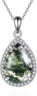 wholesale 925 Sterling Silver Green Moss Agate Teardrop Pendant Necklace with Cubic Zirconia Halo for Women-0-0